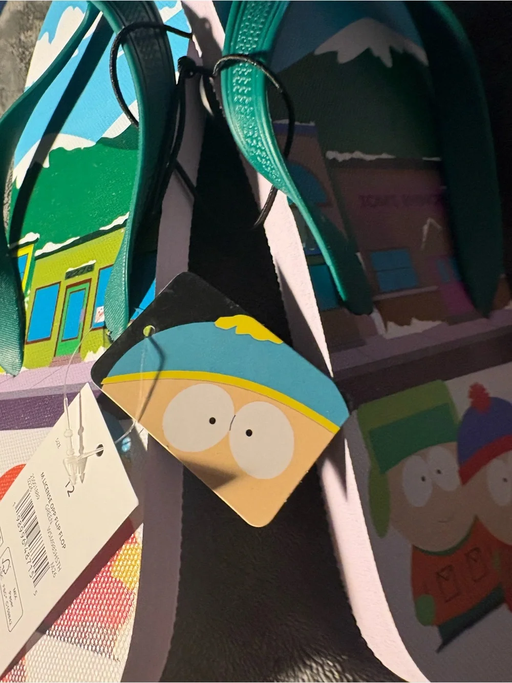 NEW-Mens 12 South Park Graphic Flip Flop Sandals - Teal Straps